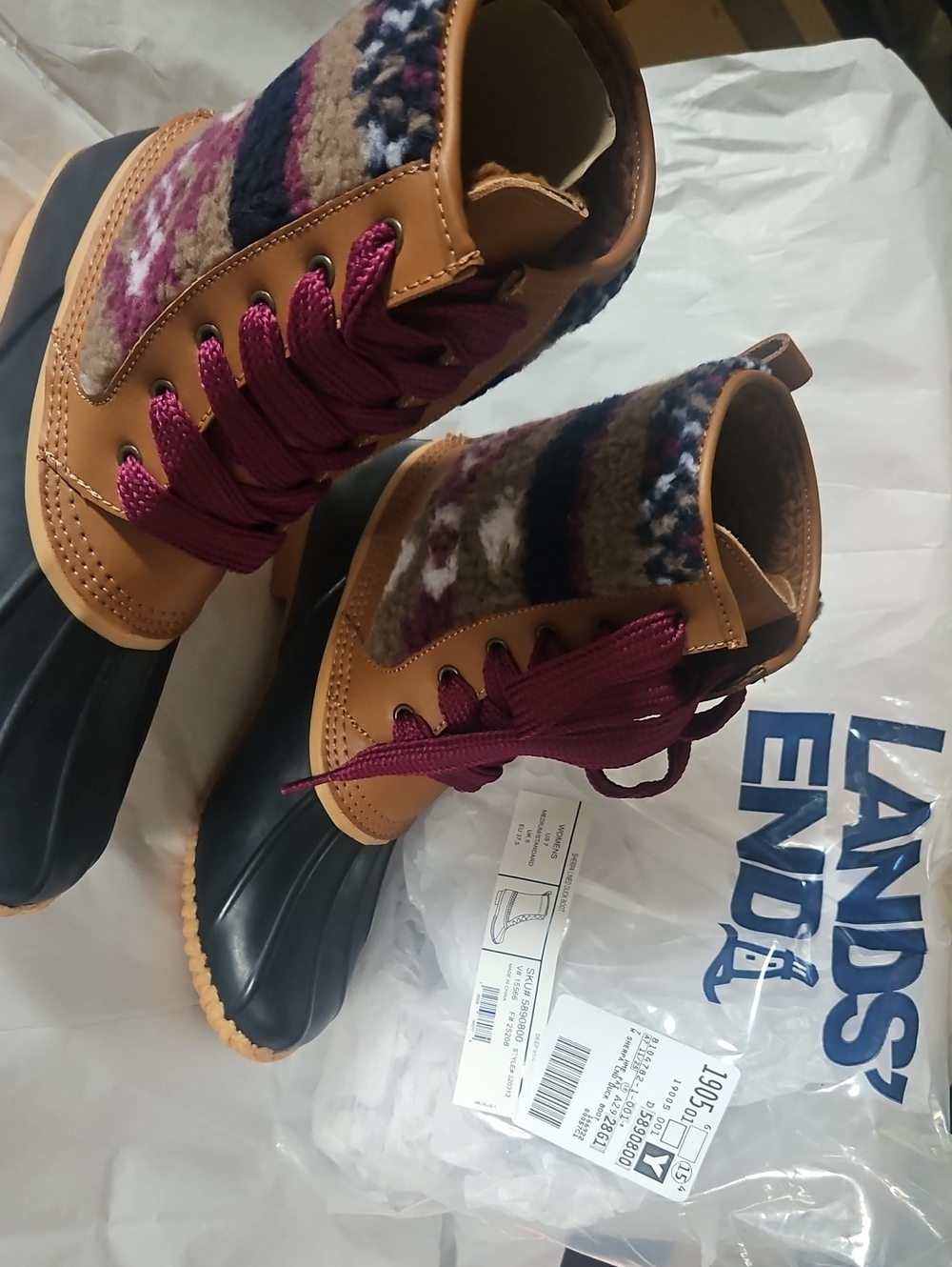 Lands' End Tan Leather Duck Boots with Burgundy Laces & Patterned Knit